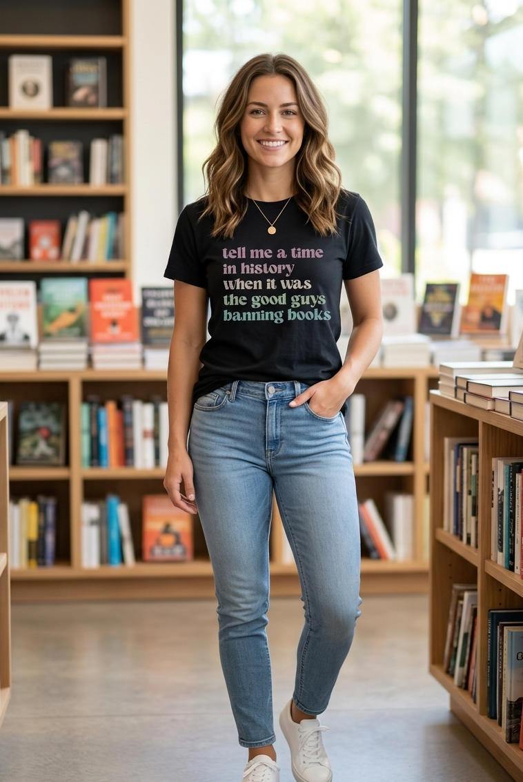 Woman wearing a black t-shirt with text in a bookstore