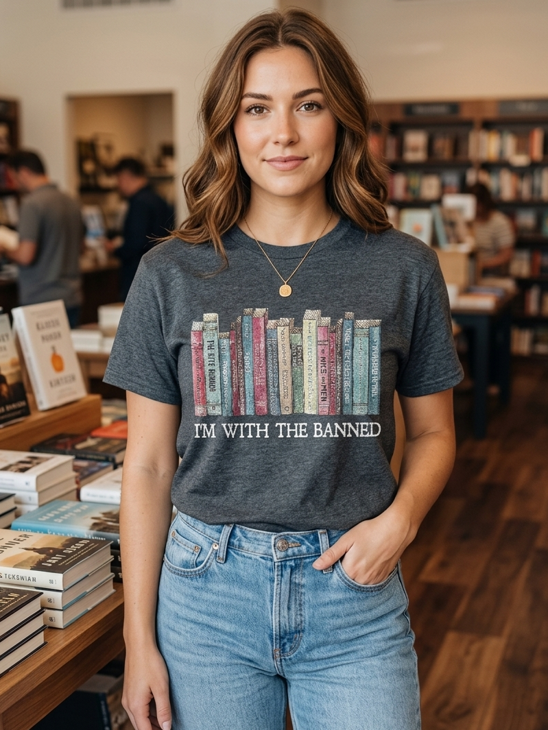 Woman wearing a t-shirt with book design and text in a bookstore
